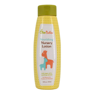 A bottle of OLIVE BABIES Nourishing Nursery Lotion with a green cap and yellow label featuring an illustration of a horse and a baby.